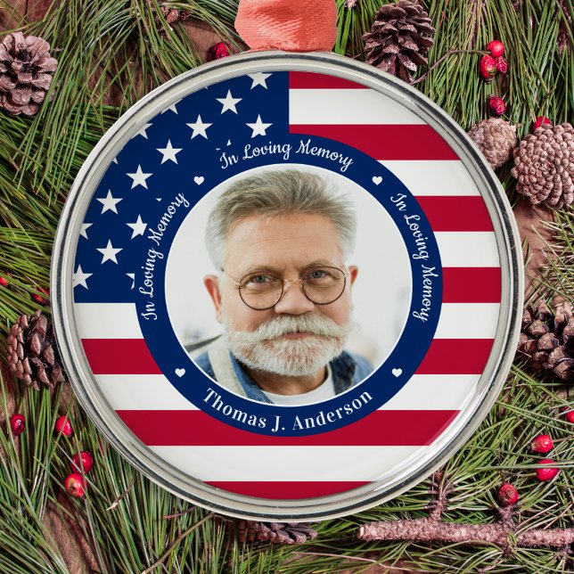 Patriotic American Flag Custom 2 Photo Memorial  Metal Tree Decoration (Creator Uploaded)