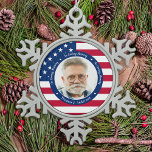 Patriotic American Flag Custom 2 Photo Memorial  Snowflake Pewter Christmas Ornament<br><div class="desc">Honour your loved one with a patriotic custom photo memorial ornament. This unique military memorial ornament is the perfect gift for yourself, family or friends to pay tribute to a military veteran, military soldier, army, marines or fallen soldier. This patriotic memorial ornament features a modern red white and blue USA...</div>