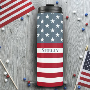 Patriotic American Flag Custom Name Thermal Tumbler