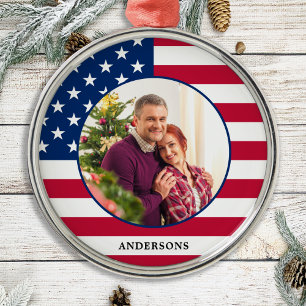 Patriotic American Flag Custom Photo Holiday Metal Tree Decoration