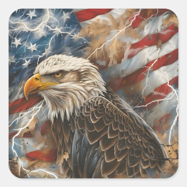 Patriotic American flag eagle lightning strike Square Sticker (Front)