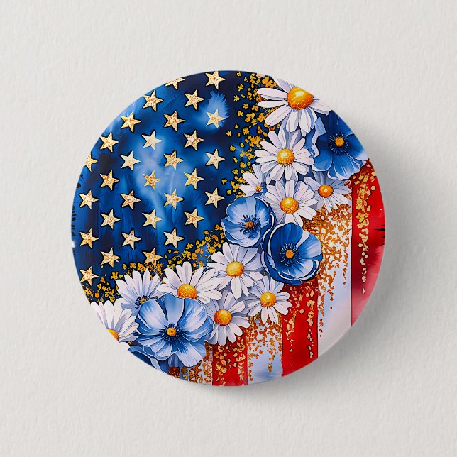 Patriotic American Flag Floral Glitter Button (Front)