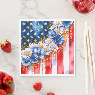 Patriotic American Flag Floral Glitter Napkin