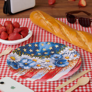 Patriotic American Flag Floral Glitter Paper Plate