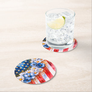 Patriotic American Flag Floral Glitter Round Paper Coaster