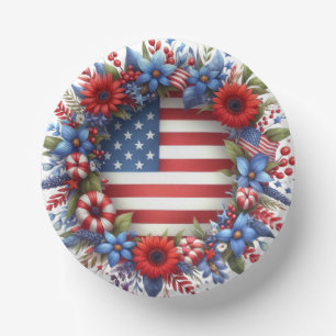 Patriotic American Flag Floral Paper Plate