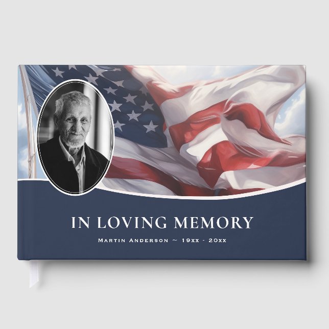Patriotic American Flag Funeral Memorial Photo Guest Book (Front)