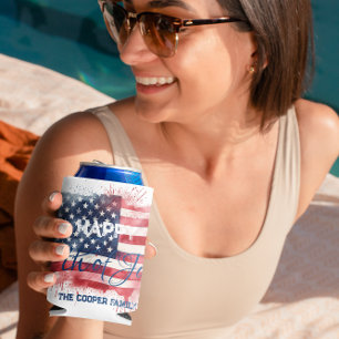 Patriotic American Flag Happy 4th of July Custom Can Cooler