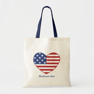 Patriotic American Flag Heart Monogram Name Tote Bag