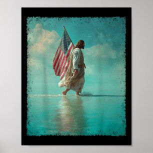 Patriotic American Flag Jesus Walking On Water 4th Poster