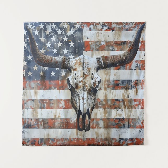 Patriotic American flag longhorn skull Tapestry (Front)