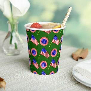 Patriotic American Flag Pattern on Green  Paper Cups