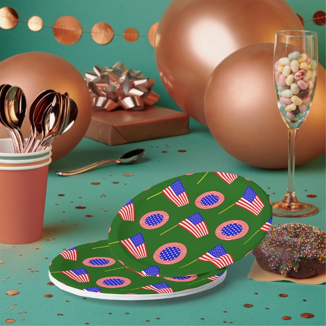 Patriotic American Flag Pattern on Green  Paper Plate (Creator Uploaded)