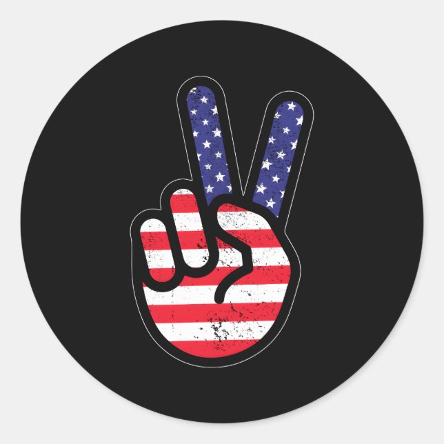 Patriotic American Flag Peace Hand Sign 4Th Of Jul Classic Round Sticker (Front)