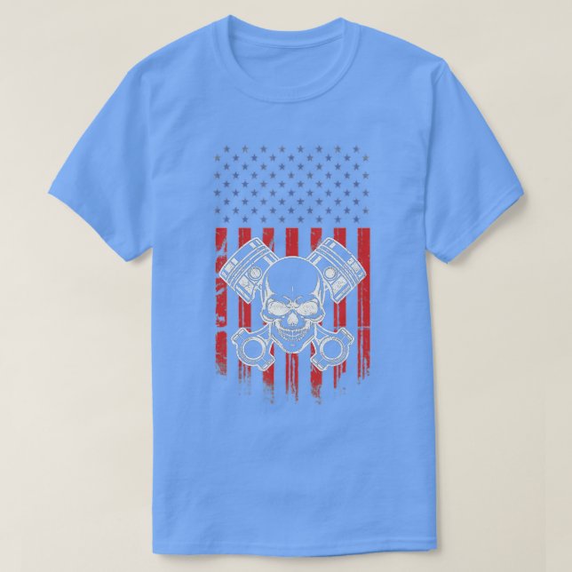 Patriotic American Flag Piston Muscle Car Enthusia T-Shirt (Design Front)