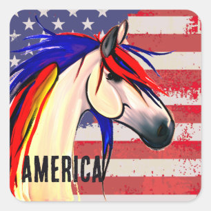 Patriotic American Flag Red White and Blue Horse Square Sticker