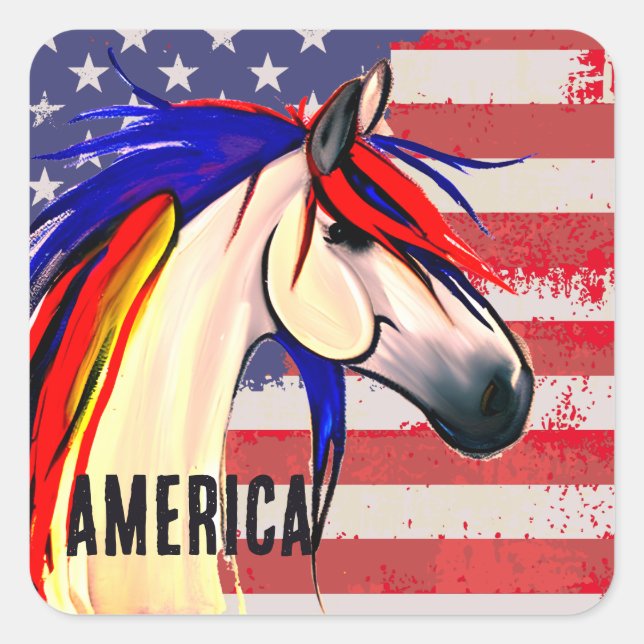 Patriotic American Flag Red White and Blue Horse Square Sticker (Front)