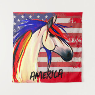 Patriotic American Flag Red White and Blue Horse Tapestry