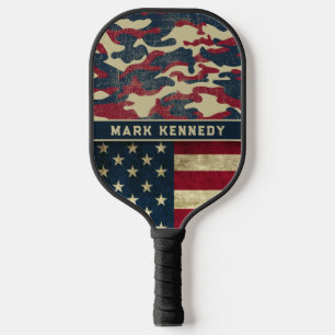 Patriotic American Flag Rustic Camo Pattern Name Pickleball Paddle