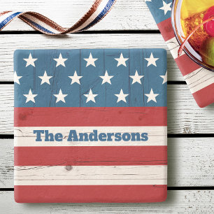 Patriotic American Flag Rustic Wood July 4th Name Stone Coaster
