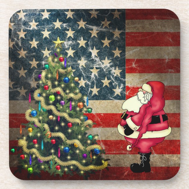 Patriotic American Flag, Santa and Christmas Tree Coaster (Front)