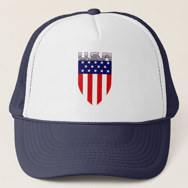 Patriotic American Flag Shield Trucker Hat (Front)