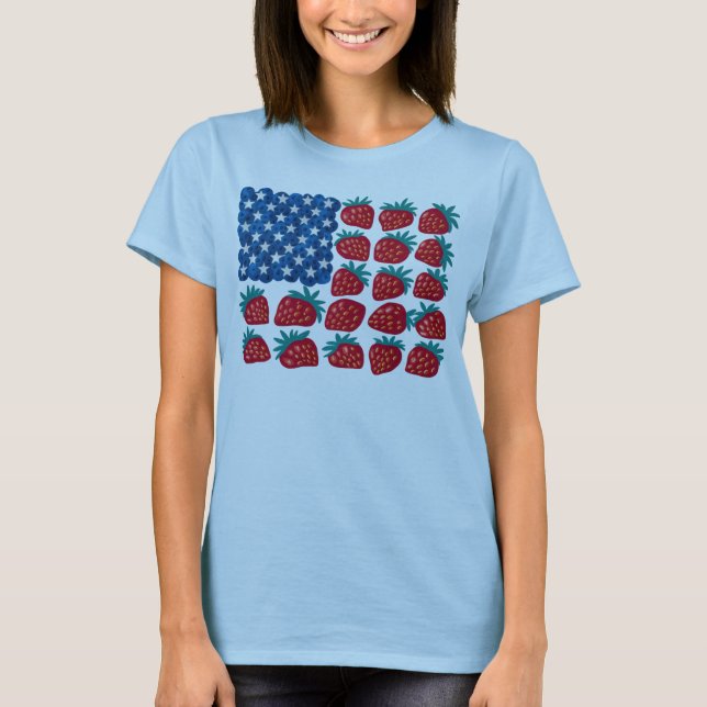 Patriotic American Flag Strawberry Blueberry Art T-Shirt (Front)