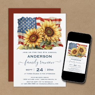 Patriotic American Flag Sunflower Family Reunion Invitation