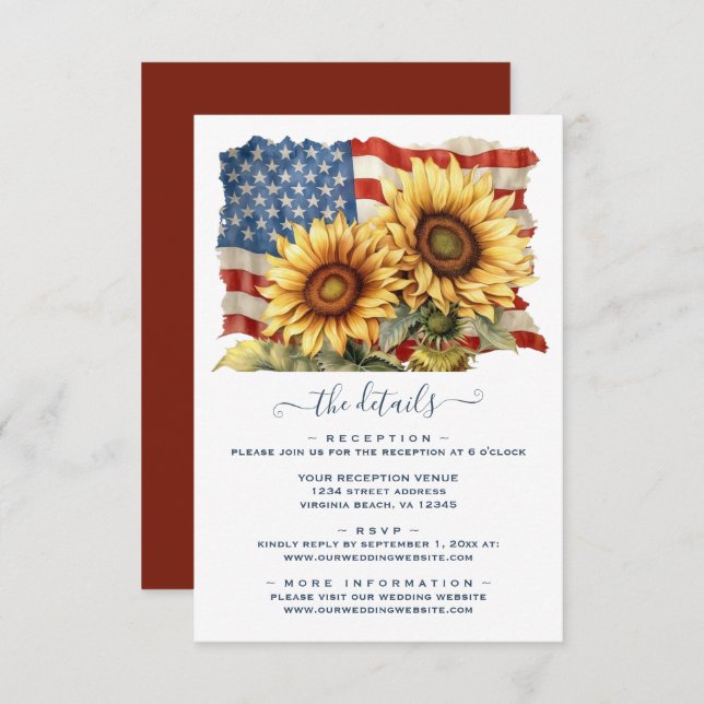 Patriotic American Flag Sunflower Wedding Details Enclosure Card (Front/Back)