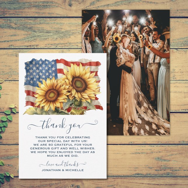 Patriotic American Flag Sunflower Wedding PHOTO Thank You Card (Patriotic American Flag Sunflower Wedding PHOTO Thank You Card)
