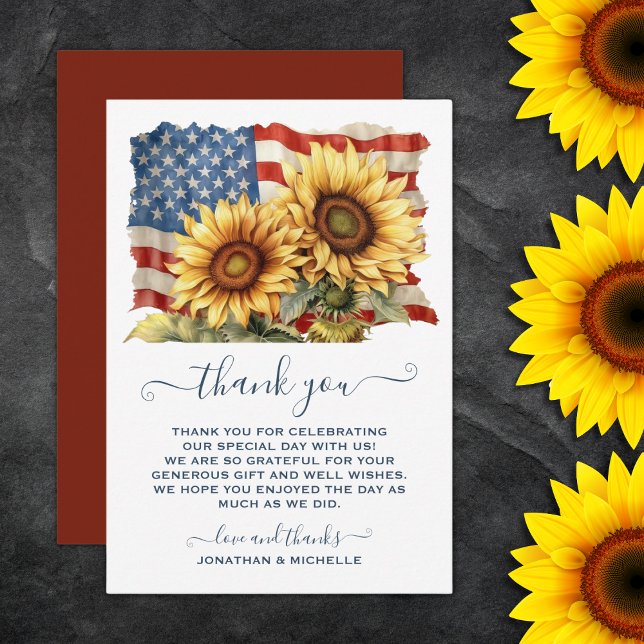 Patriotic American Flag Sunflower Wedding Thank You Card (Patriotic American Flag Sunflower Wedding Thank You Card)
