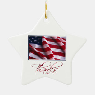 Patriotic American Flag Thanks in Red Ceramic Tree Decoration