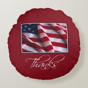 Patriotic American Flag Thanks in Red Round Cushion
