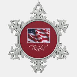 Patriotic American Flag Thanks in Red Snowflake Pewter Christmas Ornament