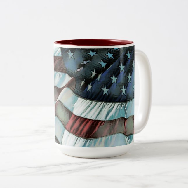 Patriotic American Flag Two-Tone Coffee Mug (Front Right)