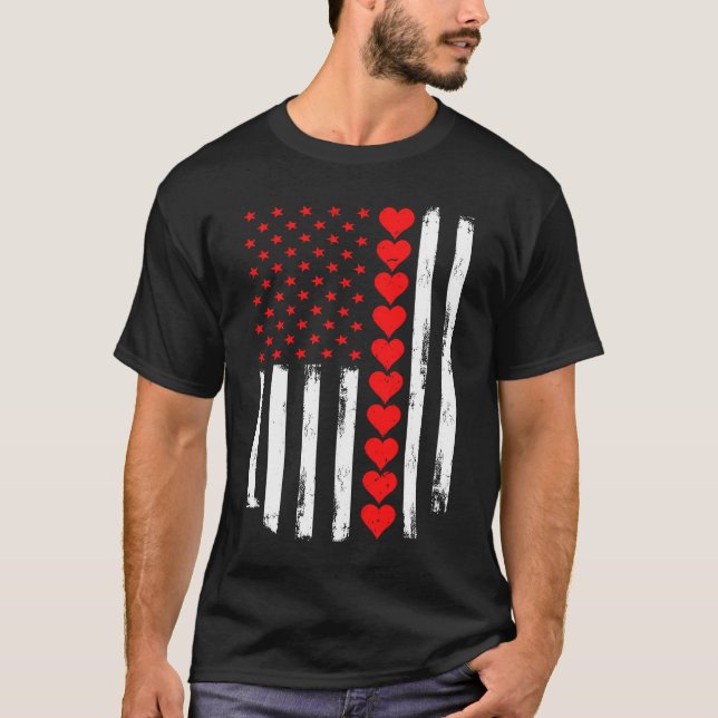 Patriotic American Flag USA Valentines Day Hearts  T-Shirt (Front)