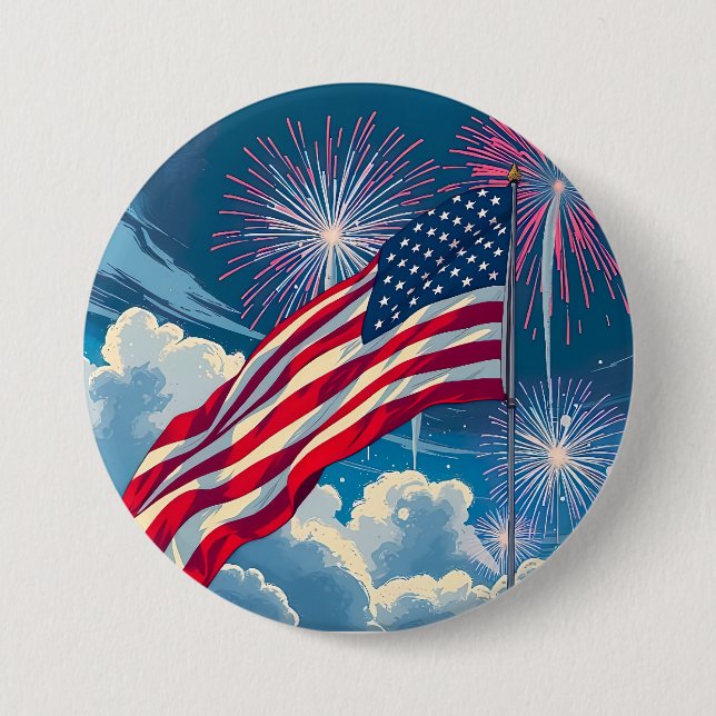 Patriotic American Flag with Fireworks – 4th July 7.5 Cm Round Badge (Front)