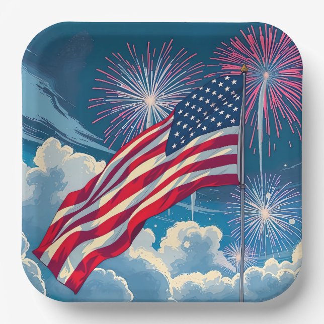 Patriotic American Flag with Fireworks – 4th July Paper Plate (Front)