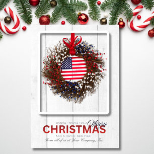 Patriotic American Flag Wreath Corporate Christmas Holiday Card