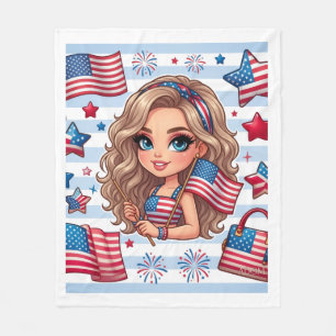 Patriotic American Girl With Flags Fleece Blanket
