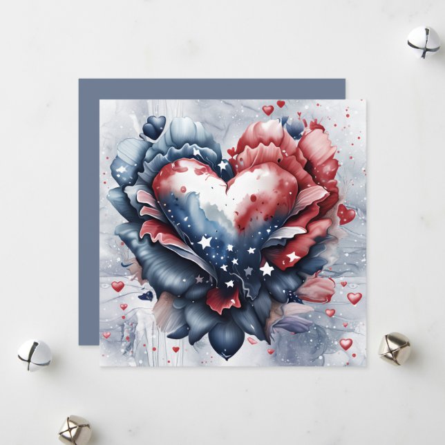 Patriotic American Heart Art Flowers Holiday Card (Front/Back In Situ)