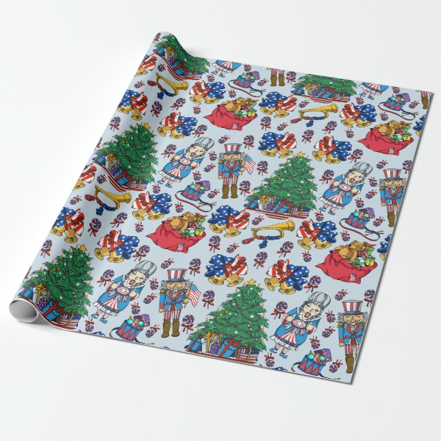 Patriotic American Nutcracker Blue Pattern Wrapping Paper (Unrolled)