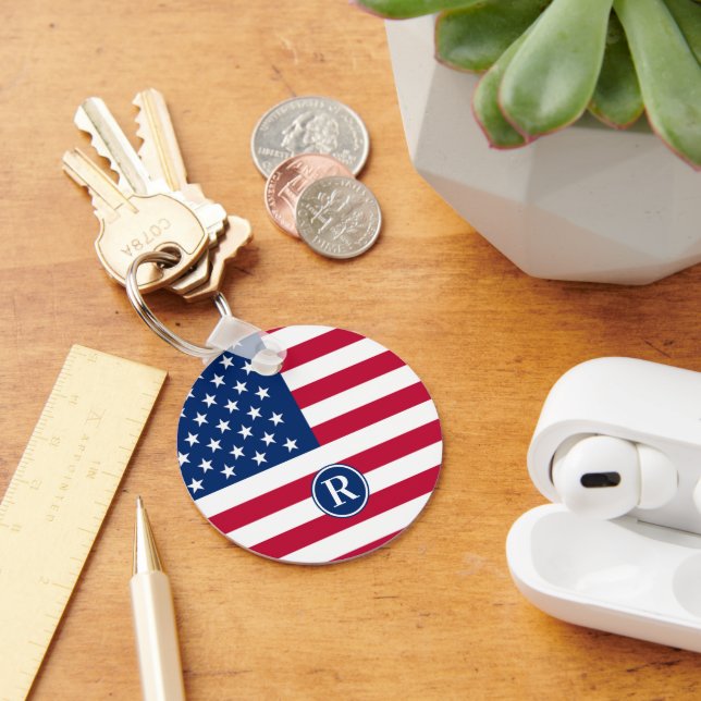 Patriotic American  Red White Blue Custom Monogram Key Ring (Desk)