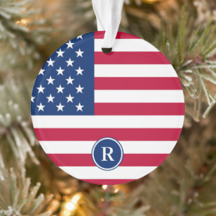 Patriotic American Red White Blue Custom Monogram Ornament
