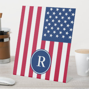 Patriotic American  Red White Blue Custom Monogram Pedestal Sign