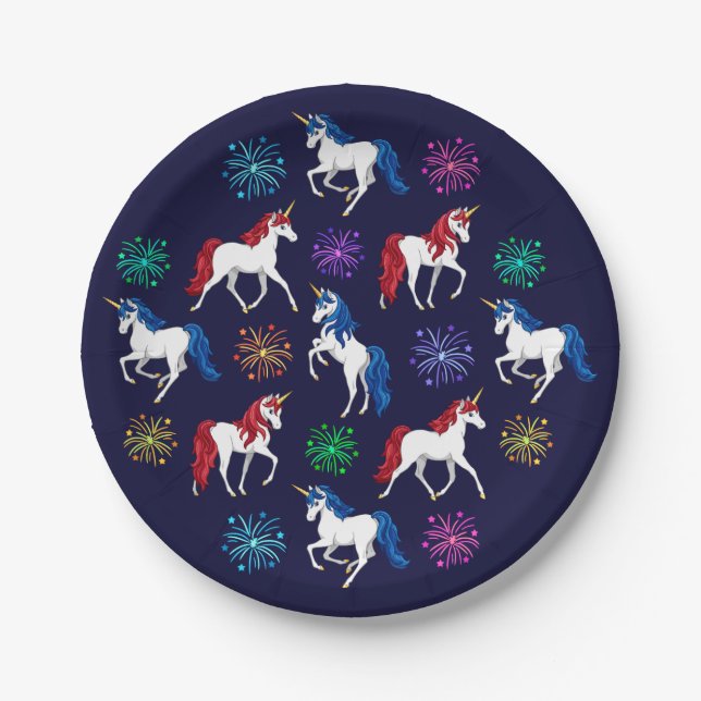 Patriotic American Red White Blue Unicorns Paper Plate (Front)