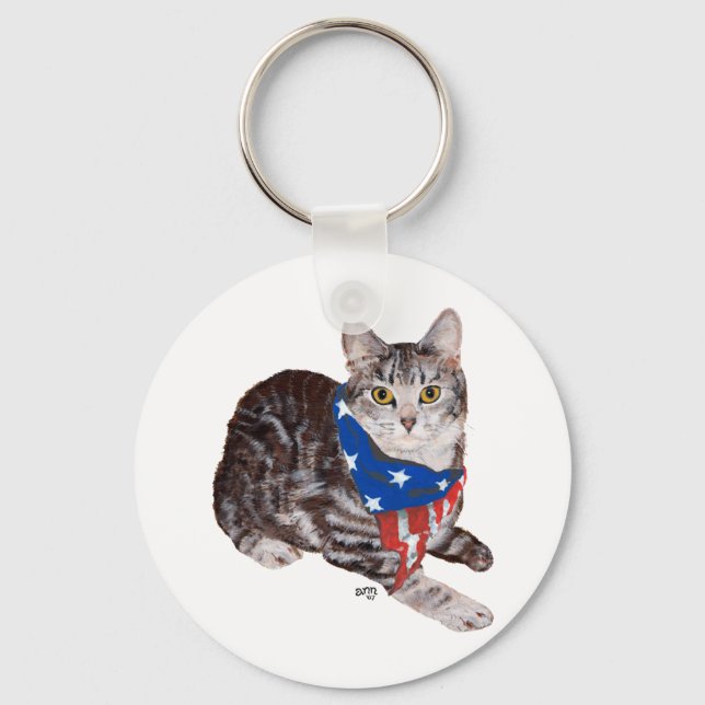 Patriotic American Shorthair Tabby Cat Key Ring (Front)