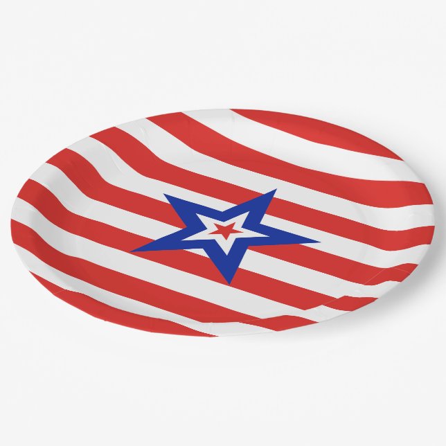 Patriotic American Star on Red and White Stripes Paper Plate (Angled)