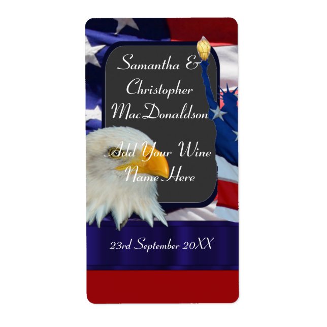 Patriotic American themed wedding wine bottle (Front)