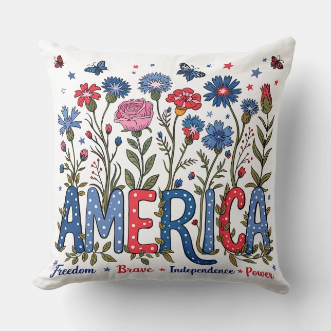 Patriotic American Wildflowers Fourth of July USA Cushion (Front)